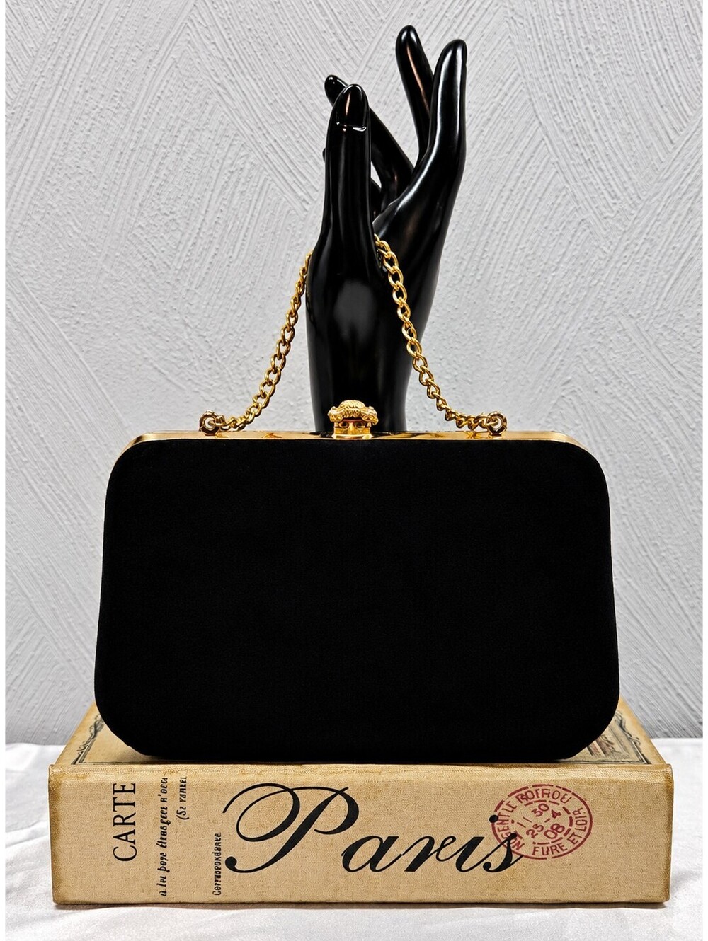 Vintage Black Satin Evening Bag Gold Chain Rhinestone Clasp Clutch 1950s 60s